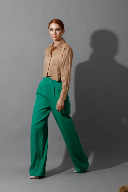 Noelle High Waist Wide Leg Trousers - Green