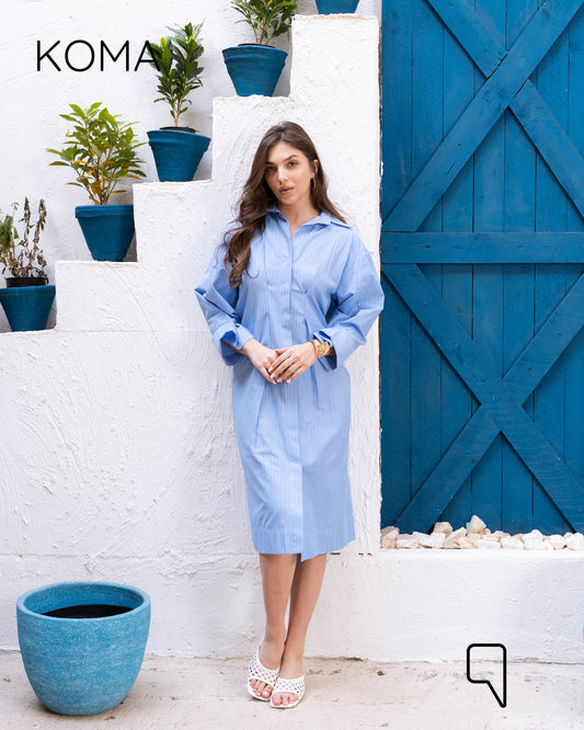 Abigail Striped Midi pleated Shirt Dress - Blue