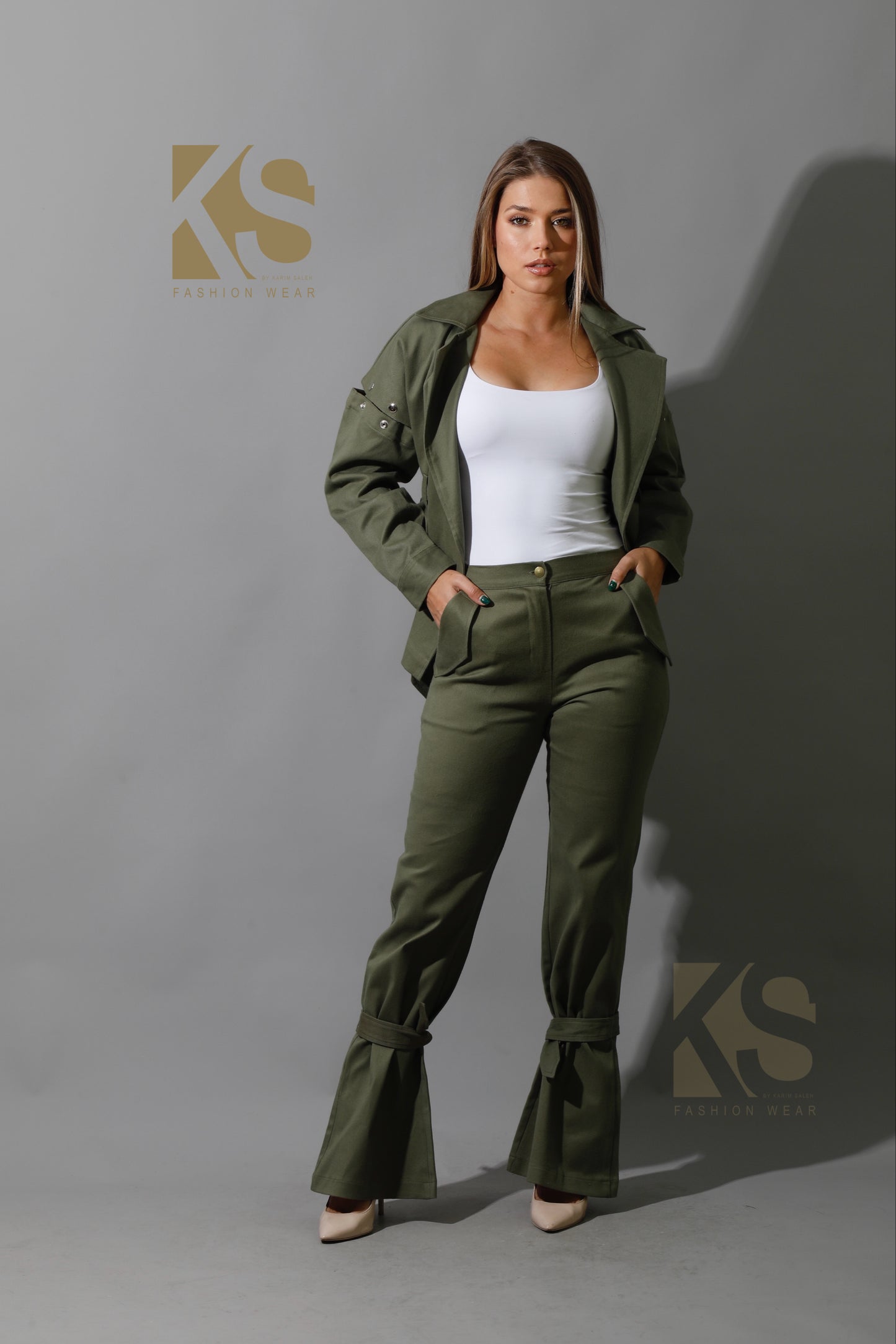 Co-Ord Detached Sleeves Jacket &  Tied BootCut pants - Olive