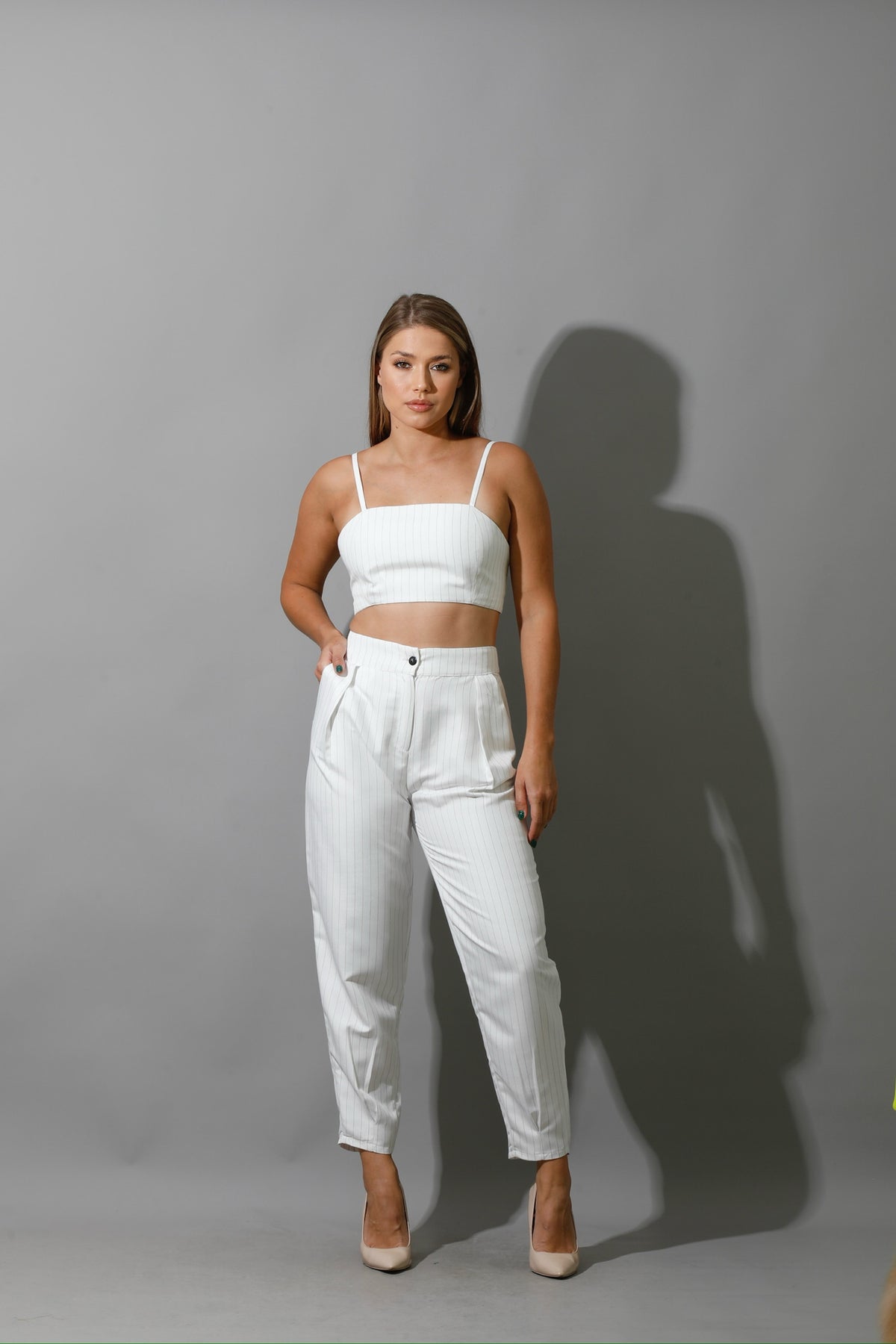 Striped Cropped Blazer, Bra Top & Paper-bag Pants Co-Ord - White