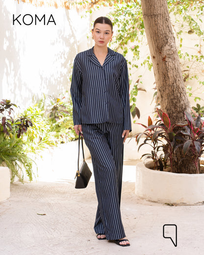 Della Striped Pajama Shirt & Flare Trousers Set - Navy