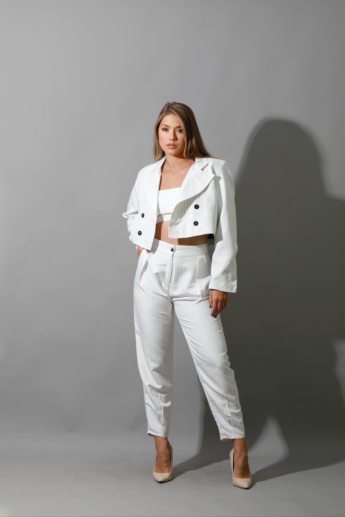 Striped Paper-bag Pants Co-Ord - White