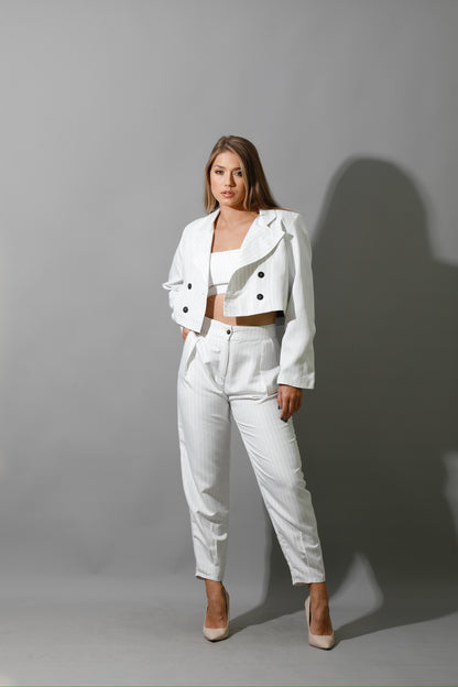 Striped Cropped Blazer Co-Ord - White