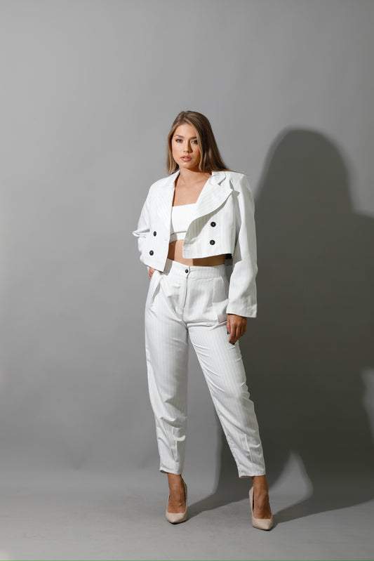Striped Cropped Blazer, Bra Top & Paper-bag Pants Co-Ord - White