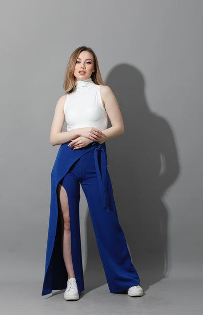 Wrap Pants With Front Slit - Electric Blue