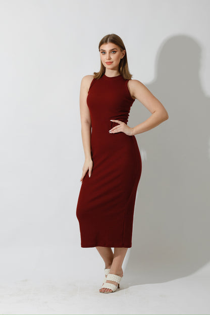 Slinky High Neck Midi Sleeveless Dress - Maroon