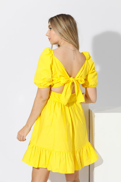 Short Dress with Back Bow tie - Yellow
