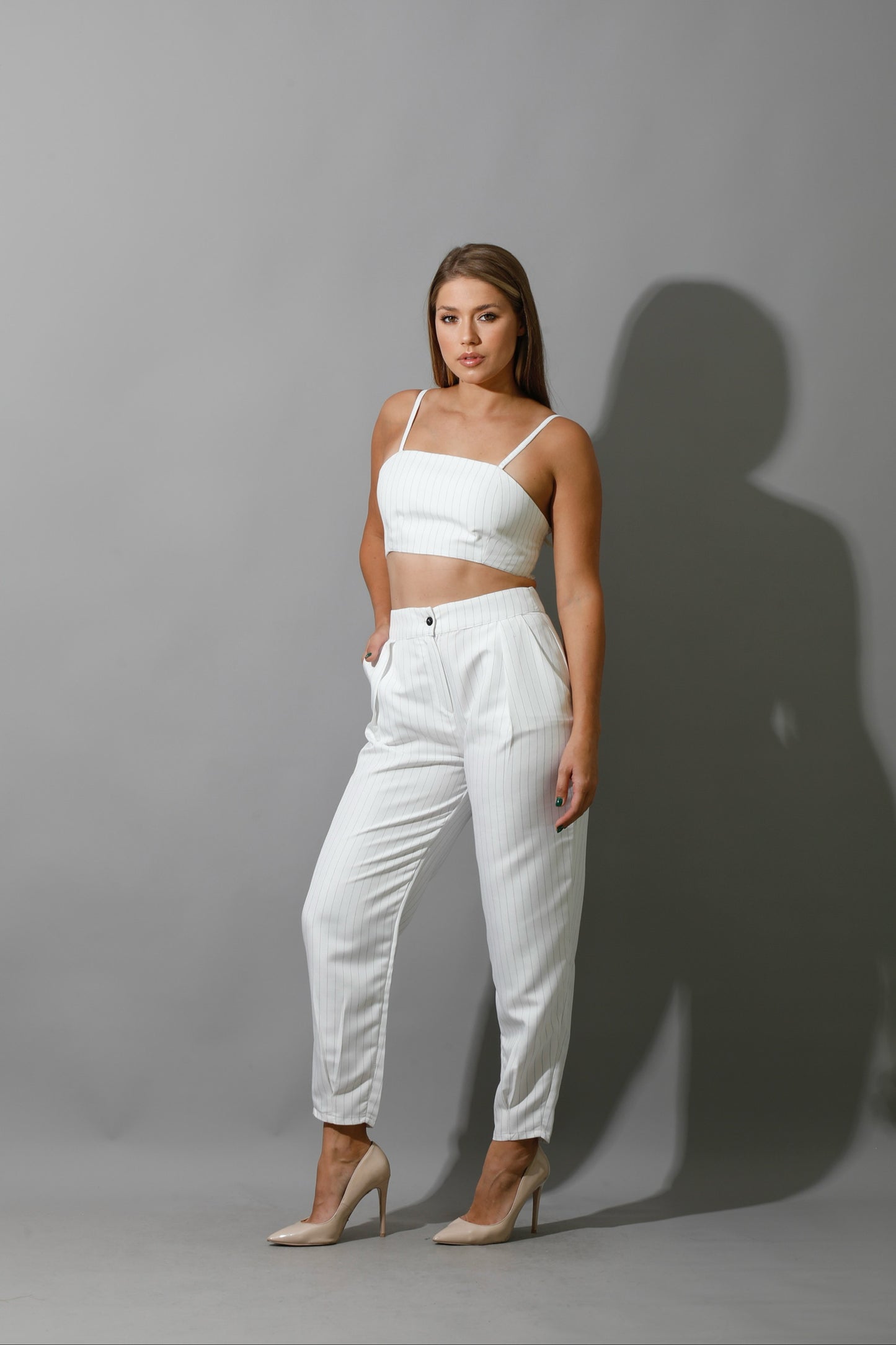 Striped Paper-bag Pants Co-Ord - White
