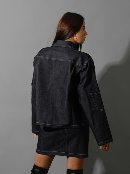Co-Ord Jeans Sleeves Jacket - Navy Blue
