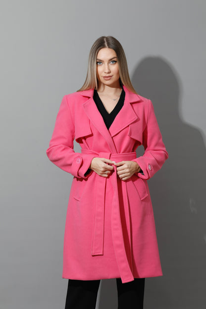 Woolen Wrapped Belted trench Coat - Barbie Pink