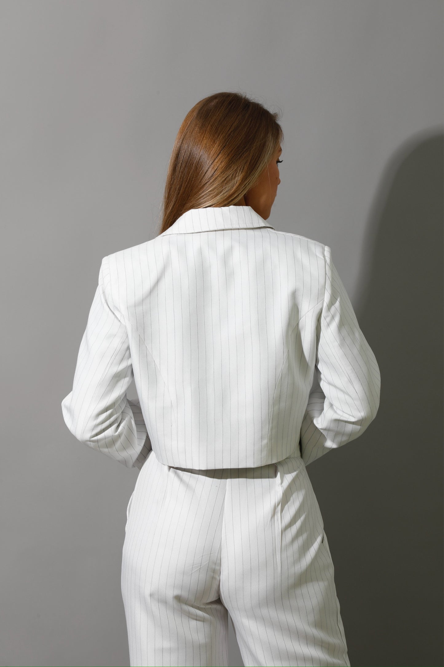 Striped Cropped Blazer Co-Ord - White