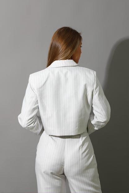 Striped Cropped Blazer Co-Ord - White