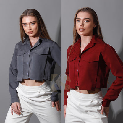 Pockets Cropped Shirt - Gray