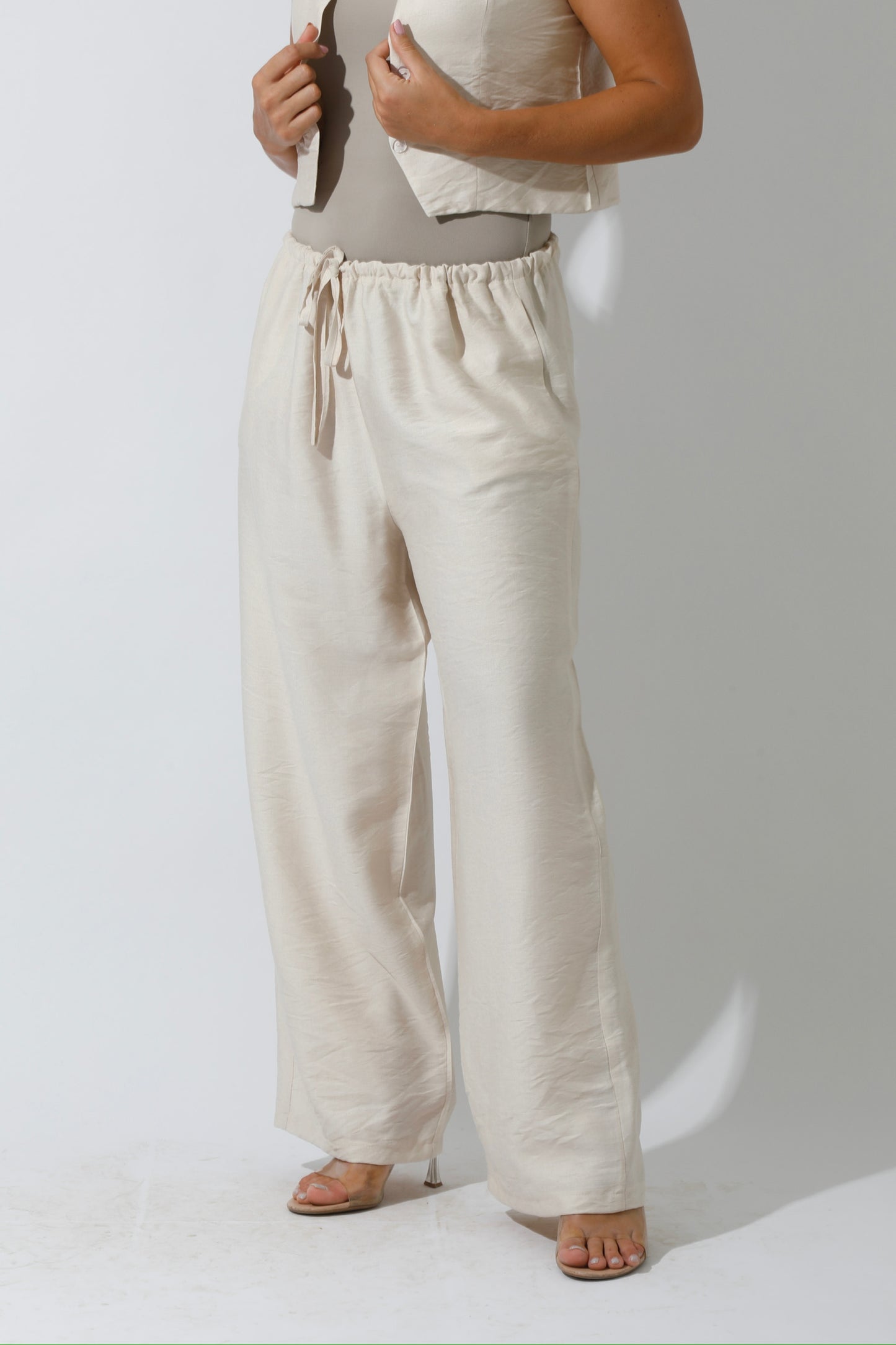 Vest & Lose Tied Pants Set - Beige