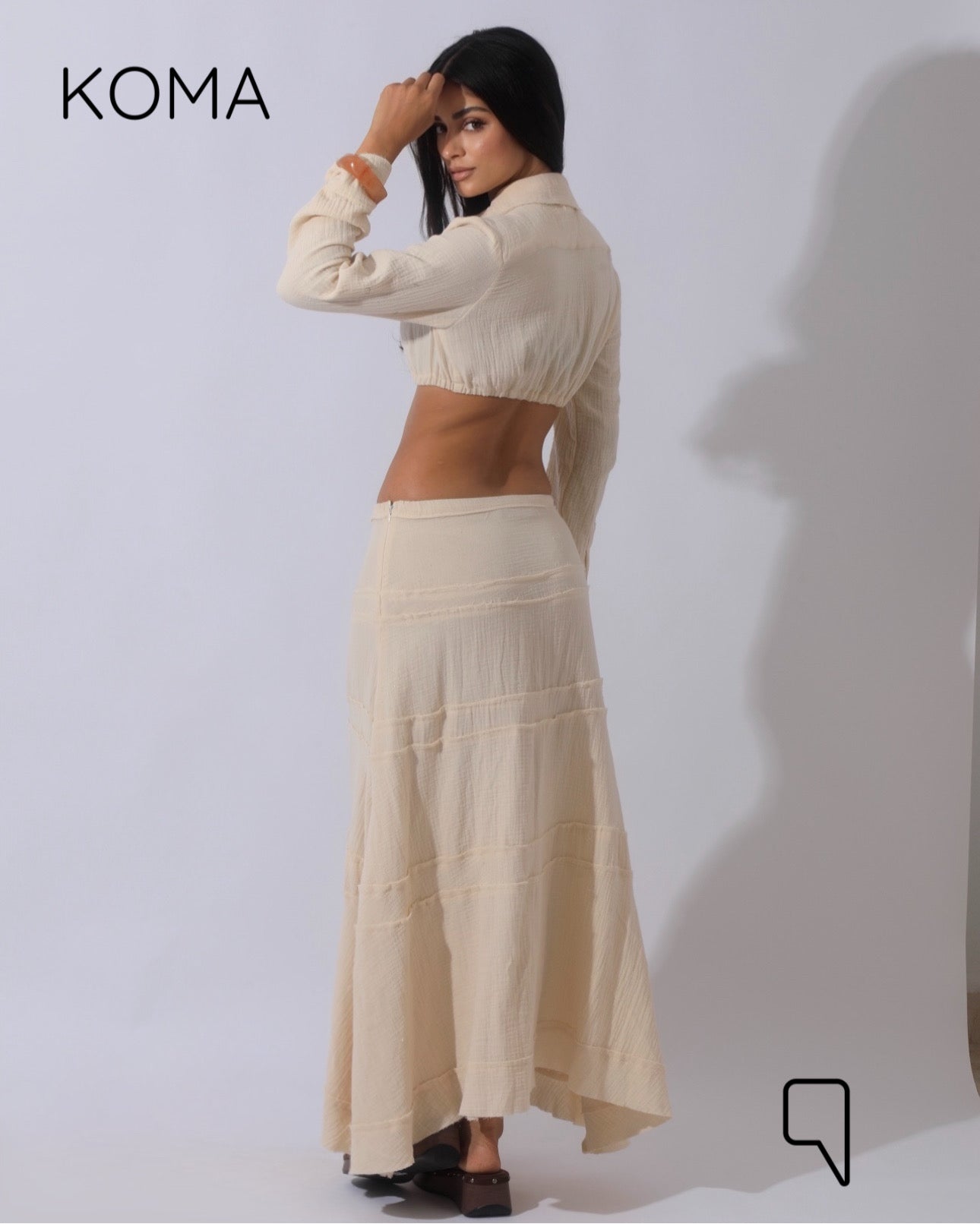 Greta Crincle Cropped Shirt & Skirt Set - Beige