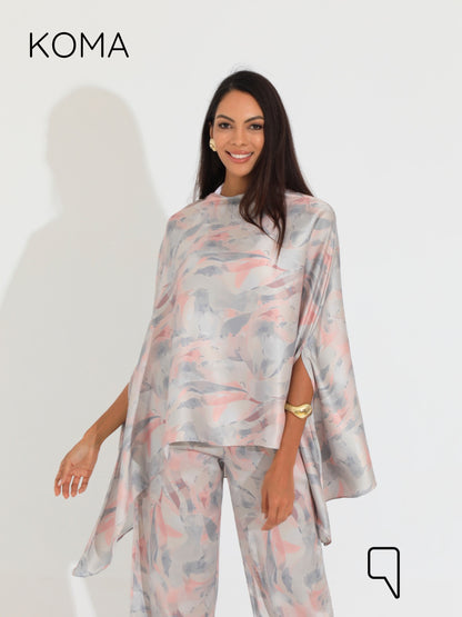 Celeste Satin Butterfly Blouse - Multicolored Beige