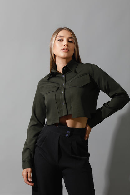Pockets Cropped Shirt - Olive