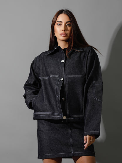 Co-Ord Jeans Sleeves Jacket - Navy Blue