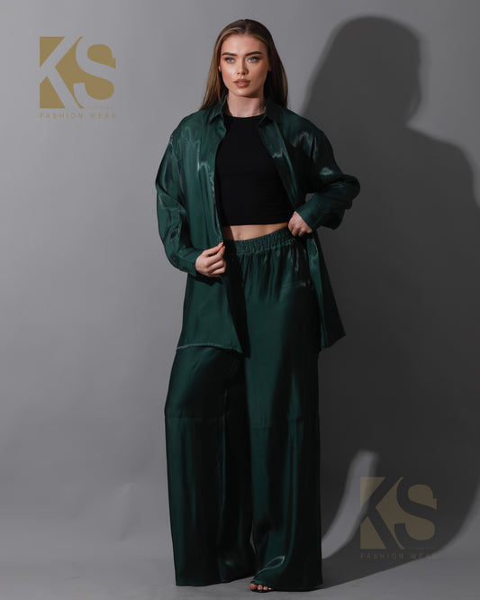 Shemer Long Shirt & Wide Leg Trousers Set - Olive