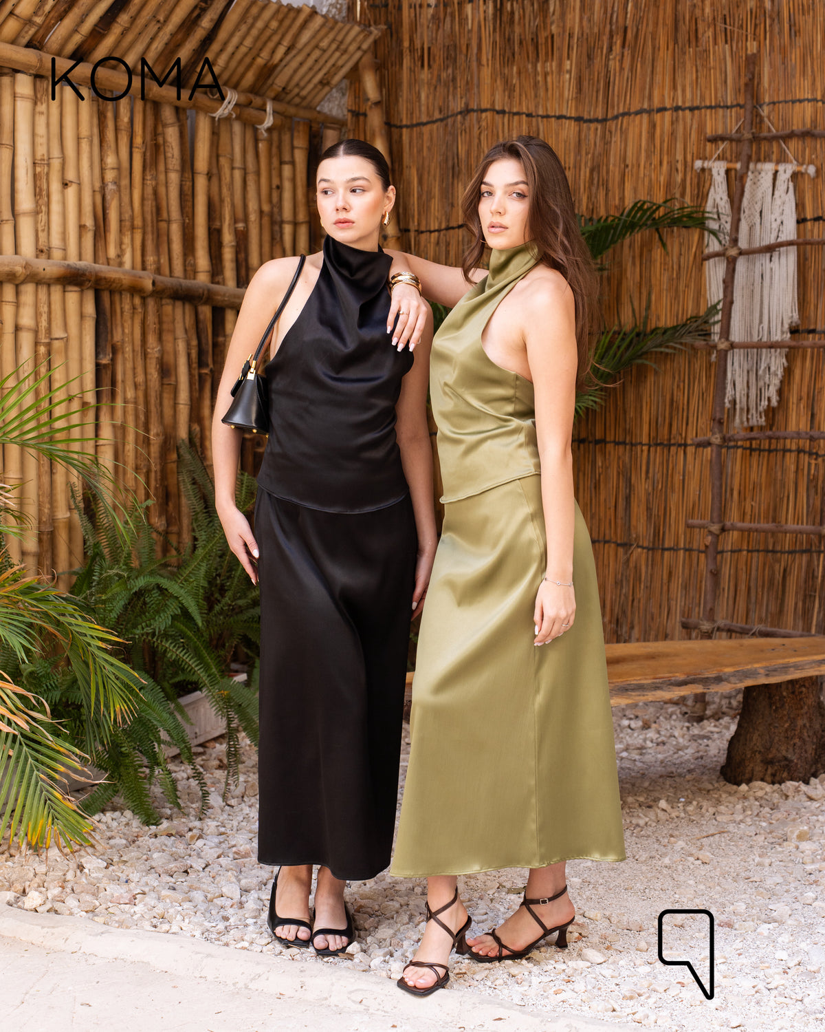 Violet Satin Halter Top & Midi Skirt Co-Ord - Olive