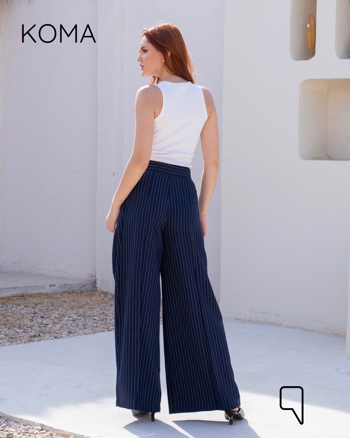 Stripped Double Pleated Trousers - Navy