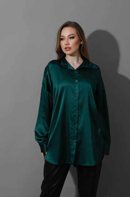 Oversized Satin Blouse - Dark Green