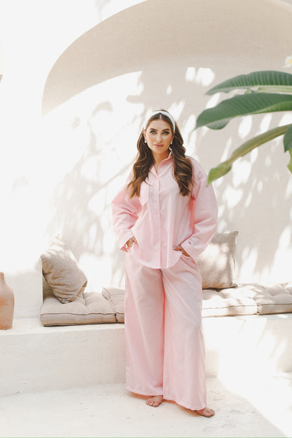 Co-Ord Wide Leg trousers & Lose Shirt Striped - Striped Pink
