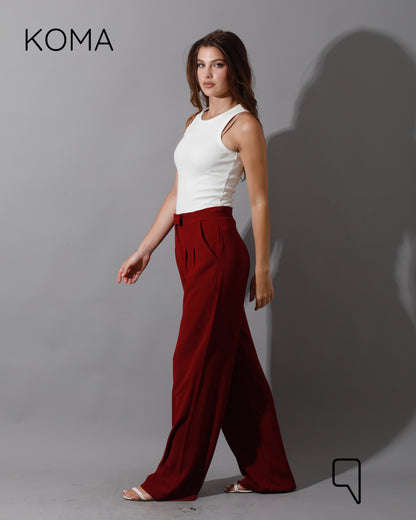 High Waist Straight Leg Trousers - Maroon