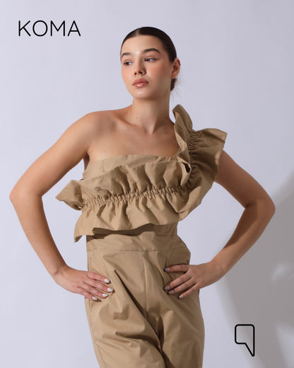 Marta Asymmetric Ruffle Jumpsuit - Beige