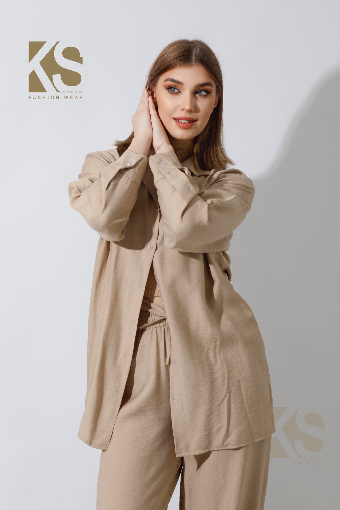 Wide Leg Trousers Set - Beige