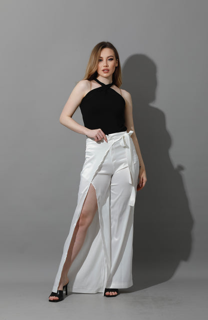 Wrap Pants With Front Slit - White