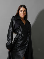 Novie Faux Leather & Suede Trench Coat - Black