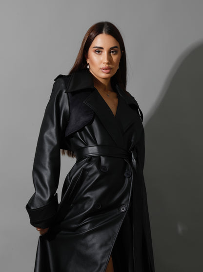 Leather Trench Coat With Suede - Black