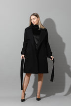 Woolen Wrapped Belted trench Coat - Black