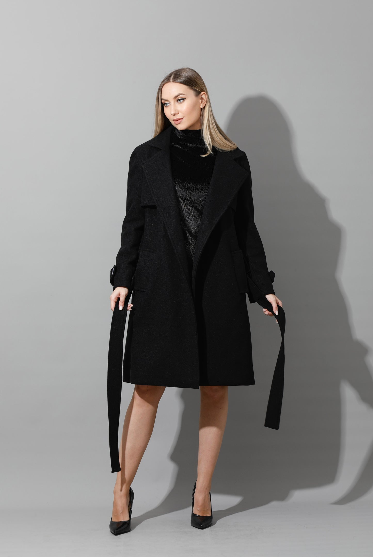 Woolen Wrapped Belted trench Coat - Black