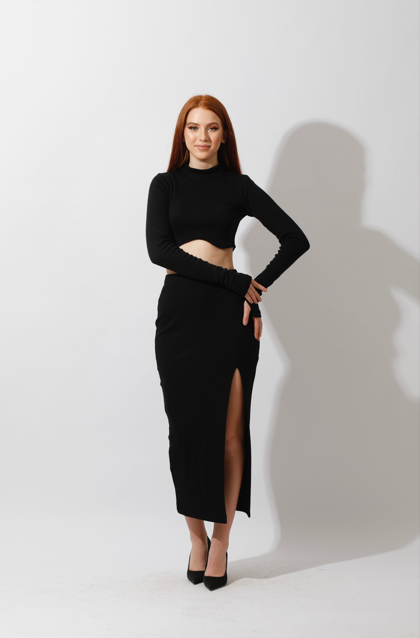 Co-ord Crop Top & Midi Skirt Rib Set - Black