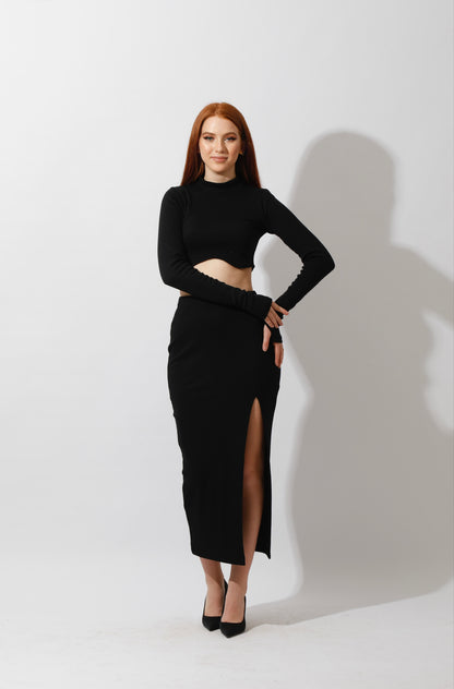 Co-ord Crop Top & Midi Skirt Rib Set - Black