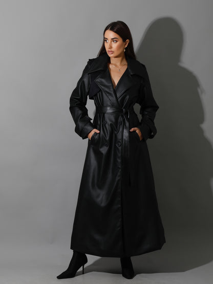 Leather Trench Coat With Suede - Black