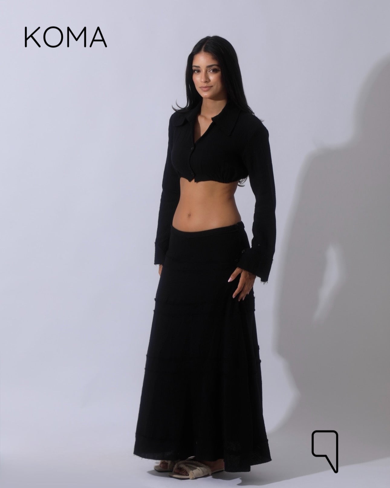 Greta Crincle Cropped Shirt & Skirt Set - Black