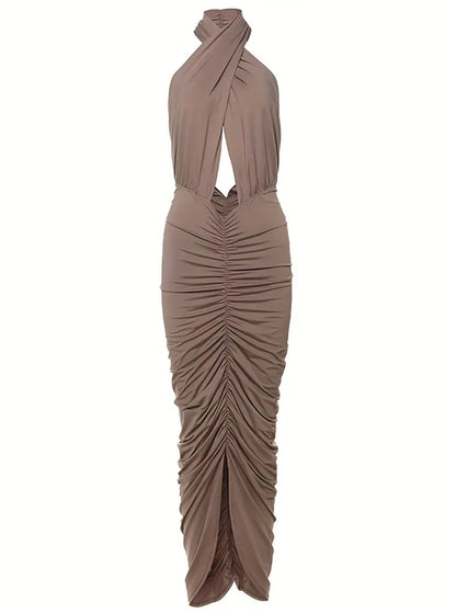 Marina Halter Neck Sleeveless Bodycon Dress - Beige