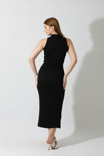 Slinky High Neck Midi Sleeveless Dress - Black