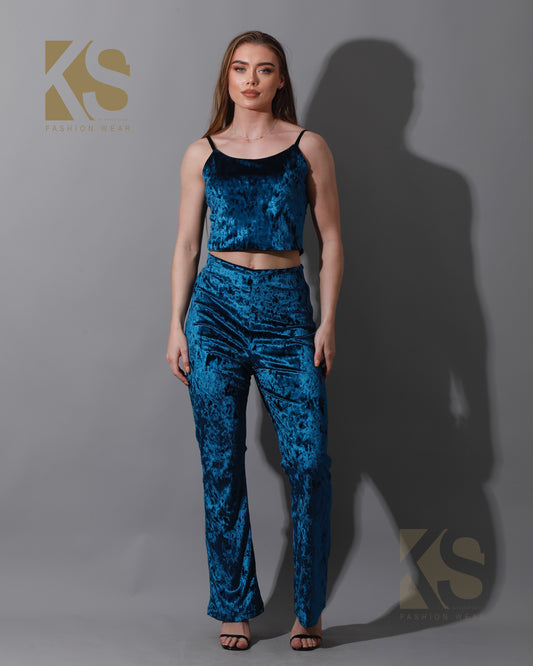 Velvet Crop Top & Bootcut Trousers Set - Petrol