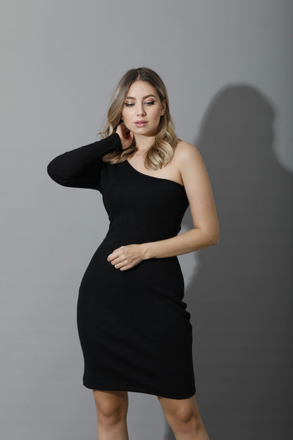 Slinky One Shoulder Bodycon Dress - Black