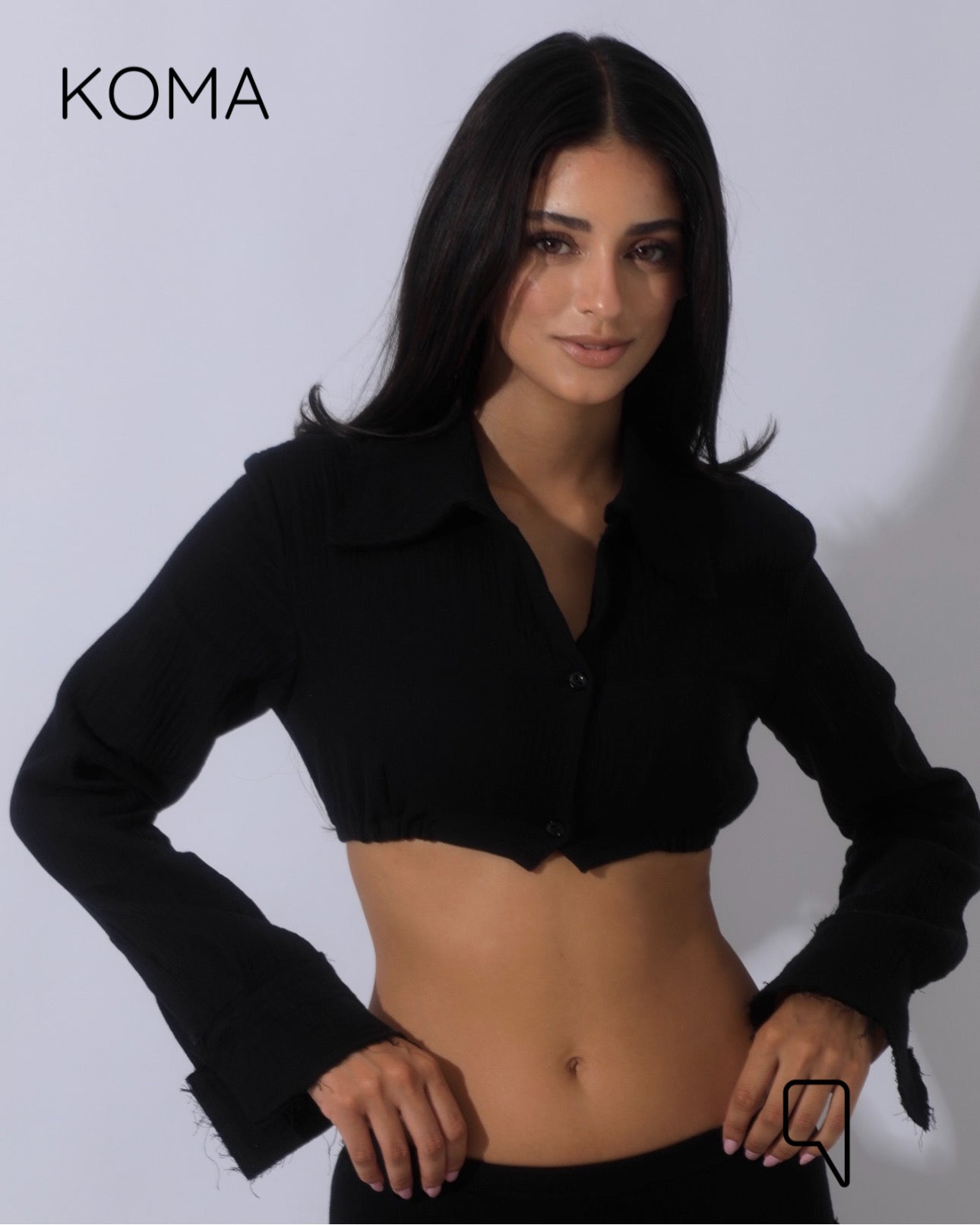 Greta Crincle Cropped Shirt & Skirt Set - Black