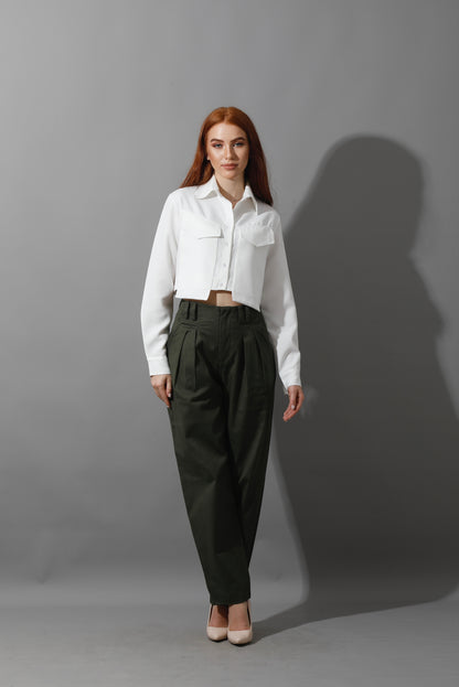 High Rise Paper-Bag Pants - Olive