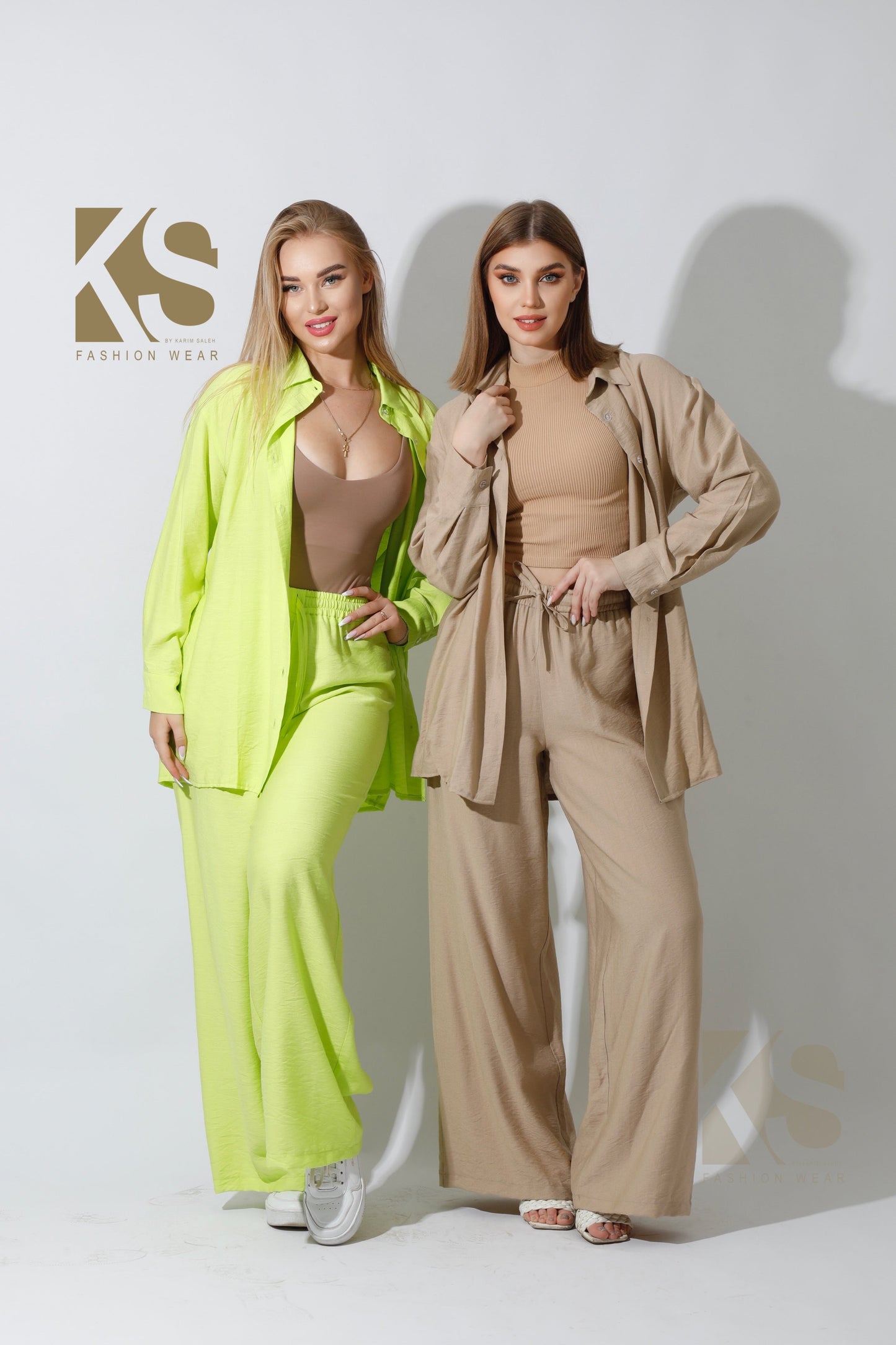 Wide Leg Trousers Set - Beige