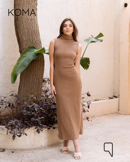 Naomi Halter Neck Midi Sleeveless Dress - Camel