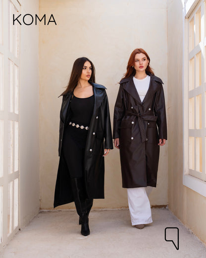 Textured Leather Coat - Dark Brown