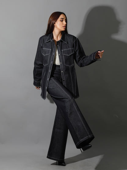 Co-Ord Jeans Cutout Shirt & Cutout Pants - Navy Blue