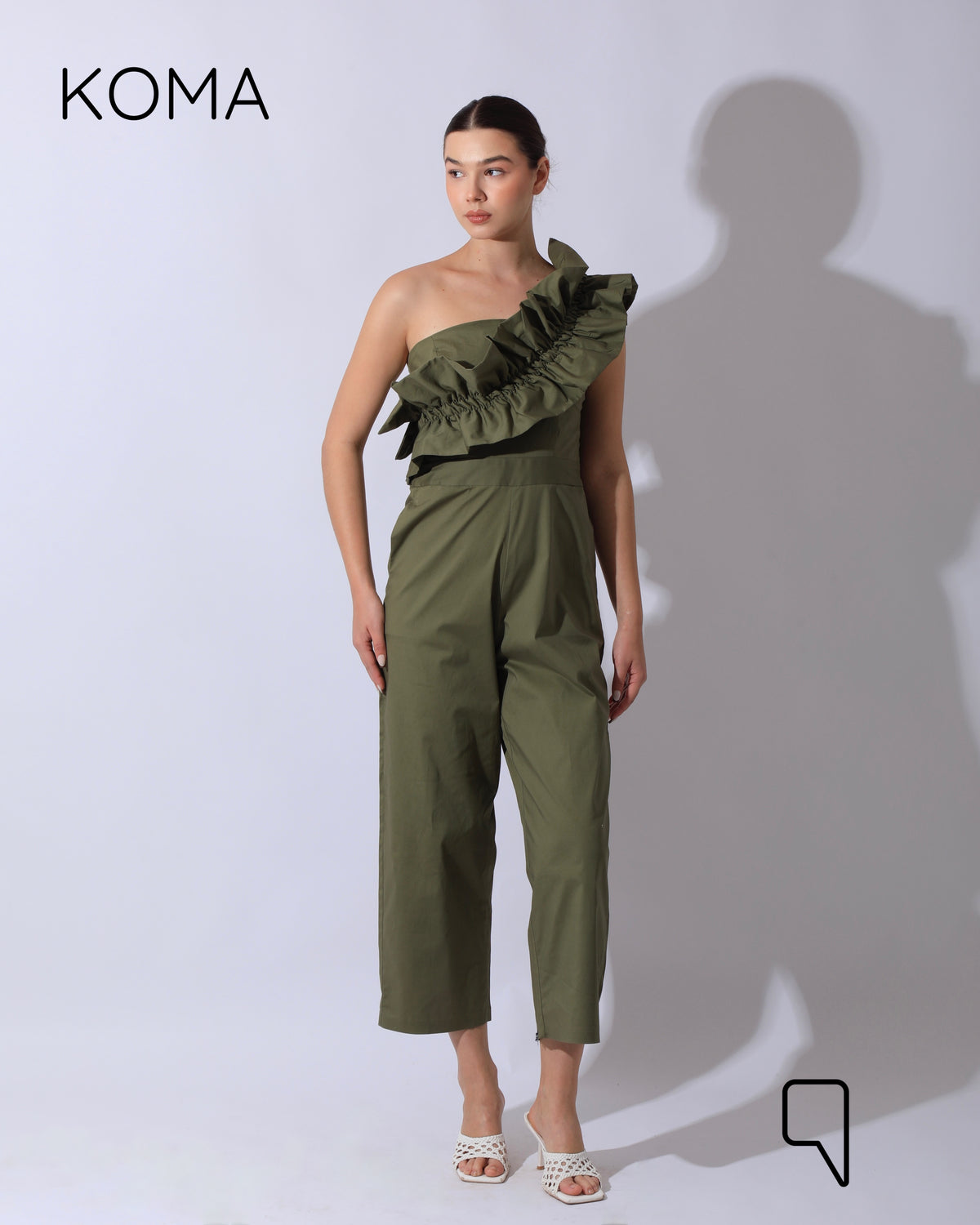 Marta Asymmetric Ruffle Jumpsuit - Olive